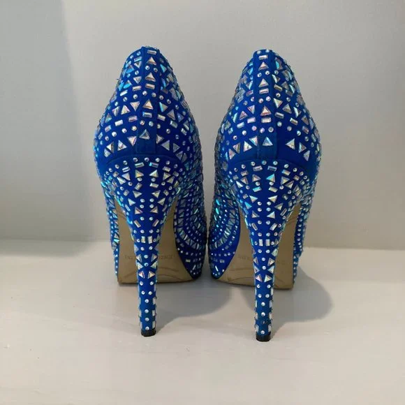 ENZO ANGIOLINI size 8 blue fun embellished platform peep toe heel - Picture 5 of 11
